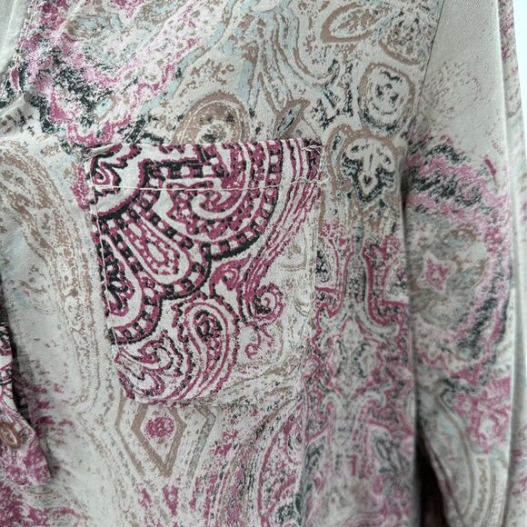 Boho Gray Purple Paisley Print Top Roll-Tab Sleeves Women’s L - Picture 4 of 8